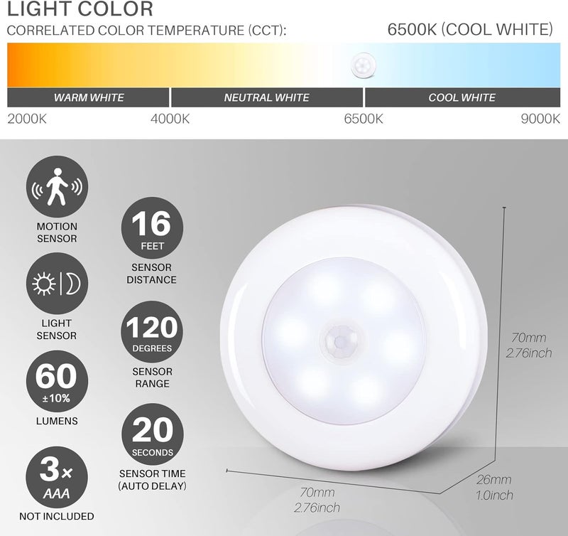 STAR-SPANGLED 6 Pack 2.8” Motion Sensor Lights Indoor AAA Battery Operated, Stick on LED Puck Light for Stairs, Under Cabinet, Closet, Cool White - Image 4